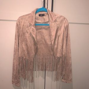 Tan faux suede fringe jacket
